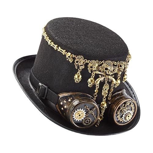 Gothic Hut, Halloween Kostüm Hut | Unisex Kopfbedeckung mit Brille, Halloween Hut mit Totenkopfkette, Zubehör für Gothic Punk Kostüme Halloween von Generic