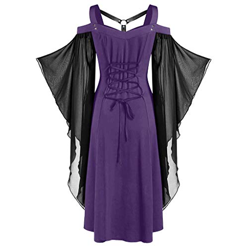 Gothic Kleid Damen Schulterfrei - Mittelalter Maxikleid Damen Fledermausärmel Mesh Patchwork HexenkleidVampir Verbandkleid für Cosplay Party Halloween Karneval Kostüm Rüschen Damenkleider von Generic