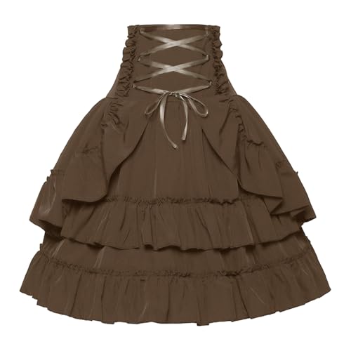 Gothic Rock Damen Hohe Taille Steampunk Minirock Kurz Trachtenrock mit Rüschen Vintage Viktorianische Lagenrock A-Linie Skater Petticoat Schnürrock Piratenrock Festliche Kostüm für Halloween von Generic