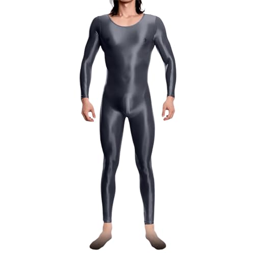 Grün Zentai Ganzkörper Overall Herren Glänzend Body Suit Metallic Jumpsuit Ganzkörperanzug Rundhals Zentai Suit Wet Look Ganzanzug Kostüm Halloween Karneval Cosplay Suit Alien Kostüm (Grey, M) von Generic