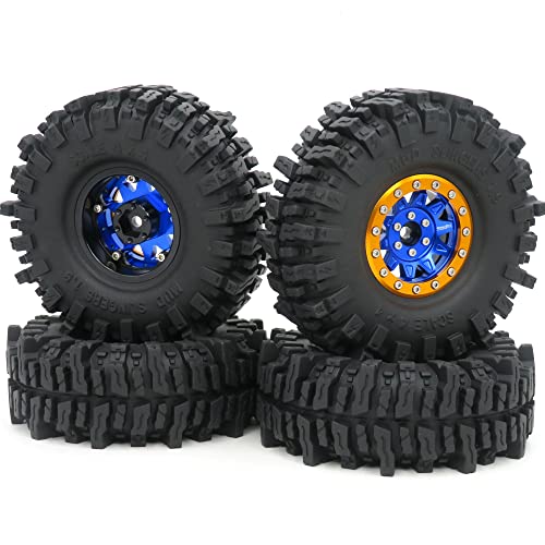 HOBBYSOUL RC 1.9 Reifen Crawler 1.9 Mud Slingers 120mm/4.72" & Schweren 1.9 Beadlock Felgen Blau Gold für Traxxas TRX-4 / RC4WD D90 D110 TF2 / Tamiay CC01 / Axial SCX10 90047 AXI03007,(4 Stück) von Generic