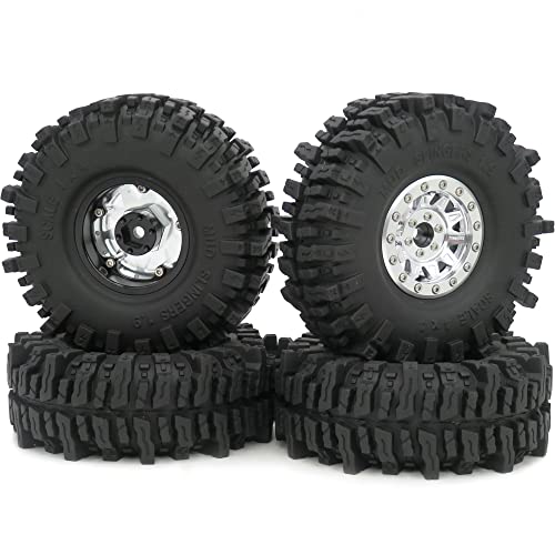 HOBBYSOUL RC Schweren 1.9 Beadlock Felgen Silber & 1.9 Crawler Reifen 1.9 Mud Slingers 120mm/4.72" für Traxxas TRX-4 / RC4WD D90 D110 TF2 / Tamiay CC01 / Axial SCX10 90047 AXI03007,(4 Stück) von Generic