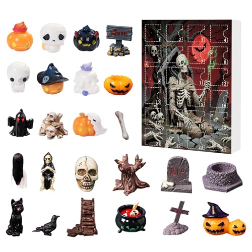 Halloween Adventskalender Kinder 2025, 3D Grusel-Dorf Set mit 24 Figuren, 24 Tage Countdown-Kalender, Horror-Miniatur Figuren, lustiges Überraschungsgeschenk für Halloween Deko (White, 18X26CM) von Generic