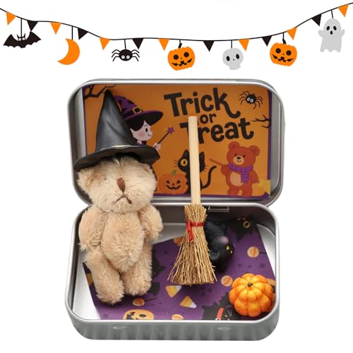 Halloween-Bär in Einer Geschenkbox, handgefertigter Hexen-Teddy aus Plüsch mit Zauberhut, Besen, Kürbisse & Katze, Kleiner emotionaler Trostbär, Kuscheltier for Kinder, Freunde und Familie von Generic
