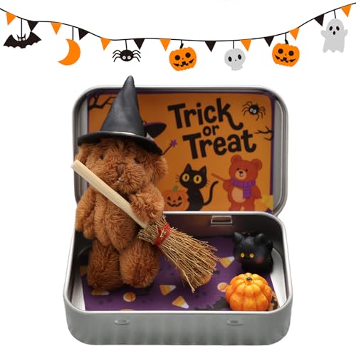 Halloween-Bär in Einer Geschenkbox, handgefertigter Hexen-Teddy aus Plüsch mit Zauberhut, Besen, Kürbisse & Katze, Kleiner emotionaler Trostbär, Kuscheltier for Kinder, Freunde und Familie von Generic