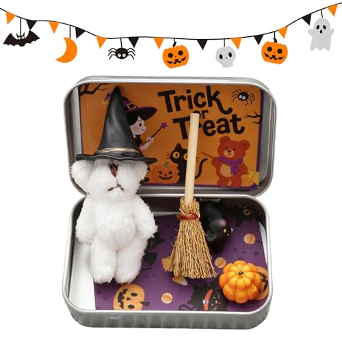 Halloween-Bär in Einer Geschenkbox, handgefertigter Hexen-Teddy aus Plüsch mit Zauberhut, Besen, Kürbisse & Katze, Kleiner emotionaler Trostbär, Kuscheltier for Kinder, Freunde und Familie von Generic