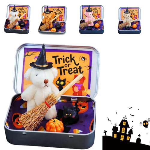 Halloween-Bär in Einer Schachtel, handgefertigter süßer Hexenbär, emotionale Unterstützungsgeschenke mit Besen, Kürbis und Katze, Halloween-Geschenkboxen für Freunde und Familien White von Generic