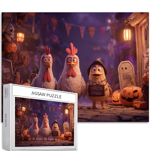 Halloween Chicken Town 1000 Teile Puzzle für Erwachsene, Spuk-Hühnerstall, Kunst-Puzzle, herausfordernde Familienaktivitätsspiele, buntes DIY-Bastelpuzzle für Heimdekoration, Geschenke, 70 × 50 cm von Generic