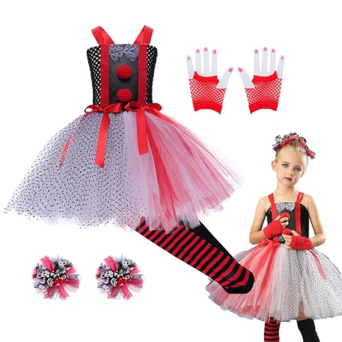 Halloween-Clown - Kleid, Socken | Handschuhe, Kopfblumen, gruseliges Halloween-Kostüm für Mädchen von 2 bis 12 Jahren, Kleinkinder, Clown-Outfits, Cosplay-Outfits von Generic