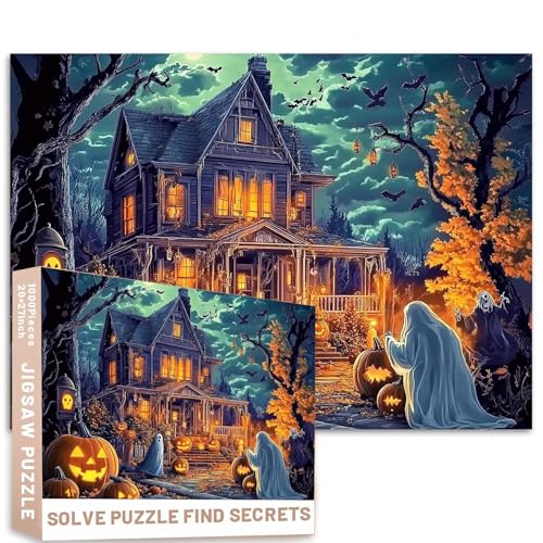 Halloween-Haus-Puzzle, lebhaft, 1000 Teile, Hexen, Kürbisse, 68,6 x 50,8 cm, Kunst, anspruchsvolle Familienaktivitäten, buntes DIY-Bastelpuzzle für Heimdekoration, Geschenke von Generic