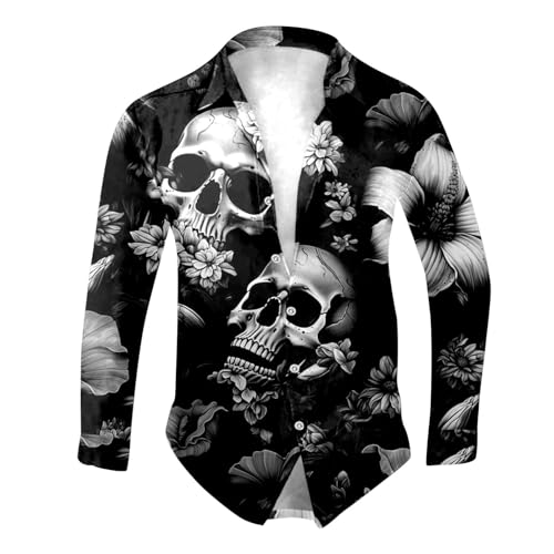 Halloween Hemd Herren Langarm Lustige Langarmhemd Revers Button Down Hemden mit Totenkopf Druck Slim Fit Blumendrucke Freizeithemd Bequeme Herrenhemd Hawaiihemd Festival Halloweenhemd Für Männer von Generic