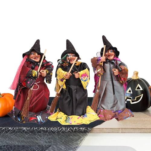 Halloween-Hexen-Statue, Halloween-Hexenfigur, 3 x Hexenpuppe, Schreibtischbesen, Scherzartikel, Requisiten für Horror-Festival, Esstisch, verzaubertes Haus von Generic