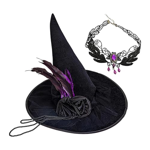 Halloween-Hexenhut für Damen, Halloween-Hut, Cosplay-Hut, spitzer Hut mit Edelstein-Halskette, Federrosen-Partyhüte, Zaubererhut Paar Halloween-Hexenhut für Damen, Halloween-Hut, Cosplay-Hut, spitzer Hut mit Edelstein-Halskette, Federrosen-Partyhüte, Zaubererhut Paar von Generic