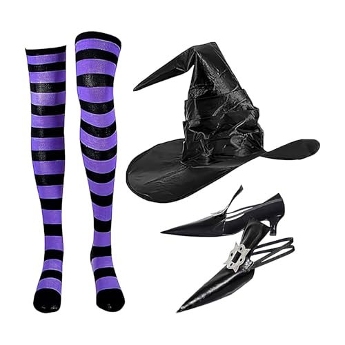 Halloween Hexenkostüm - Damen Halloween-Kostüme | Halloween Dress-Up Kit | 3 Stück Halloween-Partykleidung für Festival Pointy Hexe Schuhe Dekoration, Gestreifte kniehohe Socken Hexenmütze Halloween Hexenkostüm - Damen Halloween-Kostüme | Halloween Dress-Up Kit | 3 Stück Halloween-Partykleidung für Festival Pointy Hexe Schuhe Dekoration, Gestreifte kniehohe Socken Hexenmütze von Generic