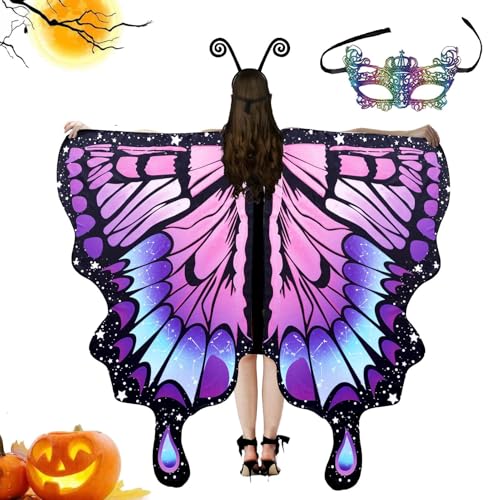 Halloween-Kostüm, Schmetterlingsflügelumhang für Frauen, Halloween-Kostüm, Fee, Damen, Umhang, Halloween-Schmetterlingsflügel mit Maske und Antennenstirnband für Carn-Rollenspiel Halloween-Kostüm, Schmetterlingsflügelumhang für Frauen, Halloween-Kostüm, Fee, Damen, Umhang, Halloween-Schmetterlingsflügel mit Maske und Antennenstirnband für Carn-Rollenspiel von Generic