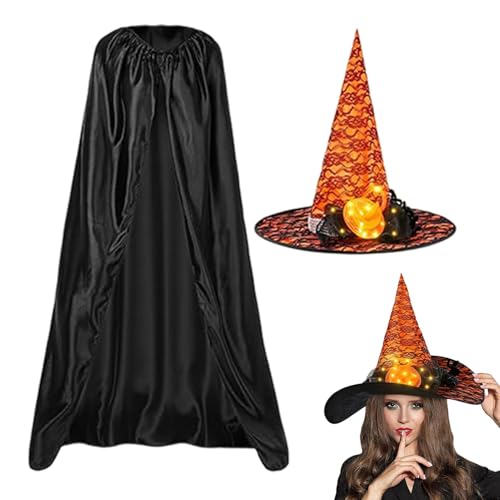 Halloween-Kostüm, Umhang für Halloween, Hexenkostüm für Cosplay, Halloween-Kostüm, schwarzer Umhang mit beleuchtetem Hexenhut für Erwachsene zum Spielen von Generic