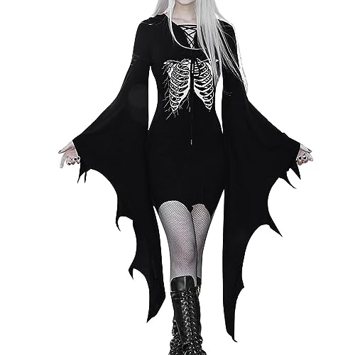 Halloween Kostüm Damen, Gothic Kleidung Damen Skelett Graphic Trompetenärmel Kleider Festlich Retro Kleid Halloween Kostüm Schwarz Steampunk Minikleid Vampir Cosplay Hexenkostüm von Generic