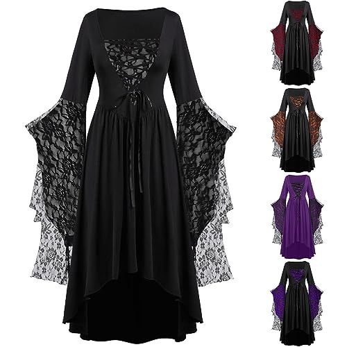 Halloween Kostüm Damen Gothic Kleid Kurz｜Mittelalter Gebundene Taille Hexenkostüm｜Vampir Renaissance Trompetenärmel Korsett｜Erwachsene Karneval Steampunk Barock｜Schwarz Plus Size​ von Generic
