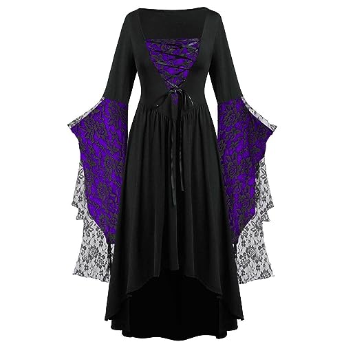 Halloween Kostüm Damen Gothic Kleid Kurz｜Mittelalter Gebundene Taille Hexenkostüm｜Vampir Renaissance Trompetenärmel Korsett｜Erwachsene Karneval Steampunk Barock｜Schwarz Plus Size​ von Generic