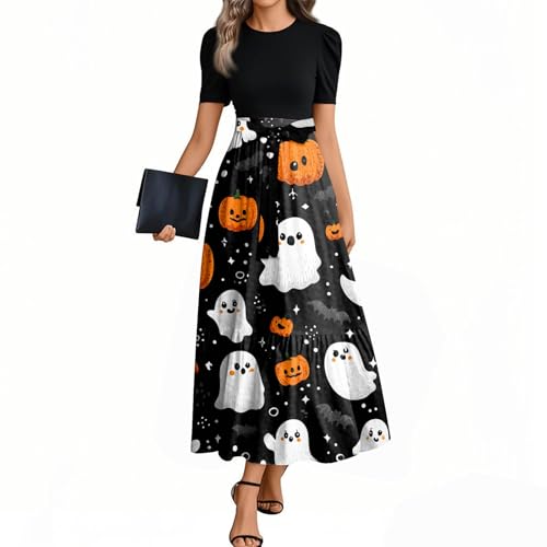 Halloween Kostüm Damen Große Größen Mystisch Mittelalter Blusenkleid Retro Zeitgemäß Freizeitkleid Lustige Tailliert Cocktail Gruselig Thematisch Midikleid Historisch Gerafft (2-Schwarz,M) von Generic