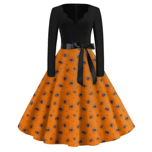 Halloween Kostüm Damen Zeitgemäß Schicke Hexenkleid Lustige Retro Abendkleid Mittelalter Generisch Kleid Renaissance Elegant Abendkleider Cosplay Blutige Kleidung Halloween Swing(3-Orange,4XL) von Generic