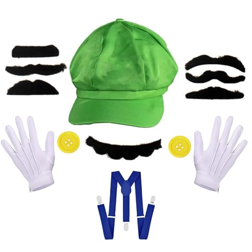 Halloween-Kostüme Zubehör für Erwachsene Männer und Frauen, lustiges Halloween-Paar- und Cosplay-Party-Zubehör-Set mit Hut, Schnurrbärten, Handschuhen, Knöpfen und Hosenträgern, Grün von Generic