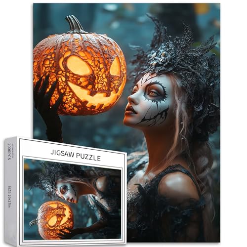 Halloween Mädchen Puzzle 1000 Teile für Erwachsene Jack O'Lantern Kunst Puzzle Herausfordernde Familienaktivitätsspiele Buntes DIY Handwerk Puzzle für Heimdekoration Geschenke 50,8 x 68,9 cm von Generic