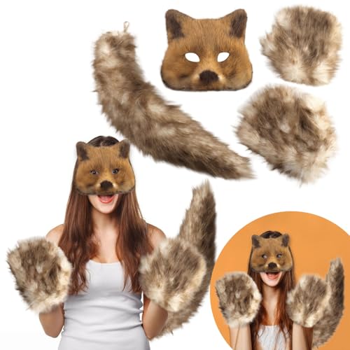 Halloween Maske Niedlich - Fuchs Maske Set,mit Fuchsschwanz, Partykleidung für Erwachsene Kinder, Mottoparty, Halloween, Cosplay,Maskerade (D, 20x20cm) von Generic