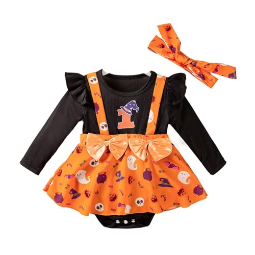 Halloween MüTze Baby Mädchen Outfits Langarm Kleid Kürbisdruck Zweiteiliger Jumpsuit Haarschmuck Kleinkinder Winter Warme Weiche Bequeme von Generic