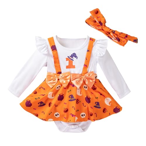 Halloween MüTze Baby Mädchen Outfits Langarm Kleid Kürbisdruck Zweiteiliger Jumpsuit Haarschmuck Kleinkinder Winter Warme Weiche Bequeme von Generic