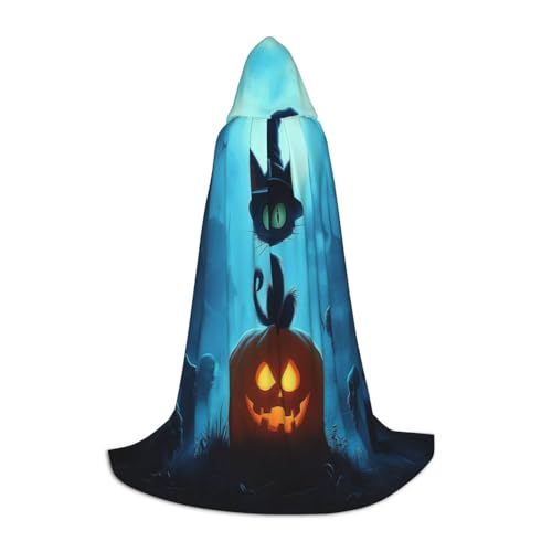 Halloween Nacht Umhang mit Kapuze Schwarze Katze und Kürbis Kapuzenumhang Umhang Kostüm Mit Kapuze für Halloween-Partys, Cosplay-Events Und Gothic-Themenabende, Blau von Generic