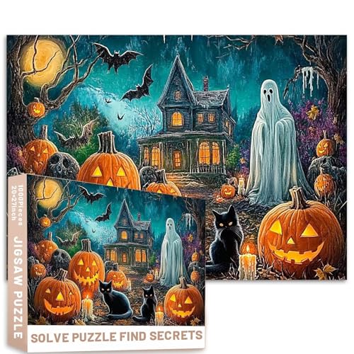Halloween-Ölgemälde-Puzzle, 1000 Teile, Kerzen, Spukhaus, 68,6 x 50,8 cm, herausfordernde Familienaktivitäten, buntes DIY-Bastelpuzzle für Heimdekoration, Geschenke von Generic