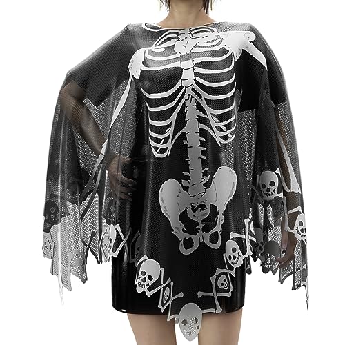 Halloween-Poncho für Damen, Skelett-Kostüm, Poncho, Spitze für Frauen mit schwarzer Spitzenmaske, 144,8 x 144,8 cm, Schwarz, 57x57 inches von Generic