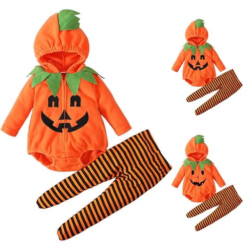 Halloween Pumpkin Outfit Kleinkind Baby Fleece Süß 𝗞ürbis Jumpsuit Hosen mit Füßen Zweiteiliger Winter Langarm Bekleidungssets Festliche Faschingskostüme Party (1-Black, 6-12 Months) von Generic