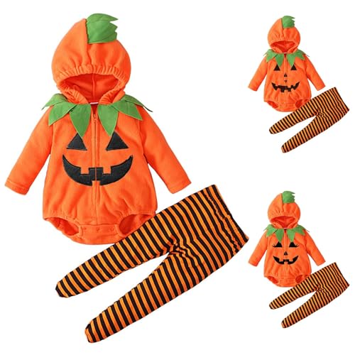 Halloween Pumpkin Outfit Kleinkind Baby Fleece Süß 𝗞ürbis Jumpsuit Hosen mit Füßen Zweiteiliger Winter Langarm Bekleidungssets Festliche Faschingskostüme Party (2-Black, 6-12 Months) von Generic