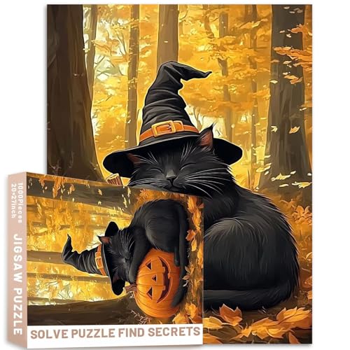 Halloween-Puzzle, Herbstwald, Hexe, Katze, Kürbis, 68,6 x 50,8 cm, Erwachsenen-Puzzle, herausfordernde Familienaktivitäten, buntes Bastelpuzzle für Heimdekoration, Geschenke, 1000 Teile von Generic