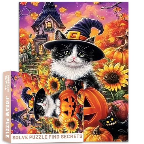Halloween-Puzzle, Smoking, Kätzchen, Spukhaus, Kürbis, Glitzer, 68,6 x 50,8 cm, Halloween, bunt, DIY-Puzzles für Heimdekoration, Geschenke, Familienpuzzle, perfekt für Spieleabende von Generic