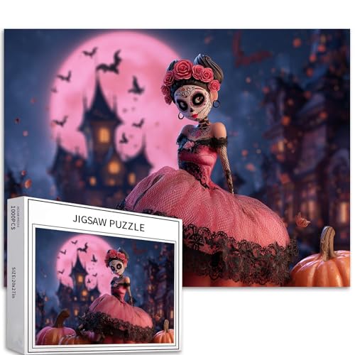 Halloween-Puzzle, Totenkopf-Mädchen, 1000 Teile, Puzzle für Erwachsene, Spukhaus, Hintergrund, Kunst, Puzzle, bunte DIY-Puzzles für Heimdekoration, Geschenke, Familienpuzzle, perfekt für Spieleabende von Generic