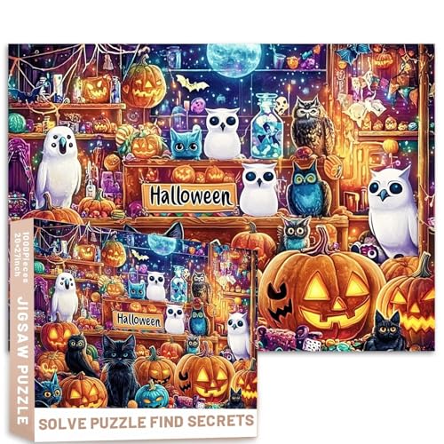 Halloween-Puzzle, schwarze Katze, Eule, Fledermaus, Halloween-Puzzle, 68,6 x 50,8 cm, skurrile digitale Malerei, herausfordernde Familienaktivitäten, buntes DIY-Bastelpuzzle für Heimdekoration von Generic