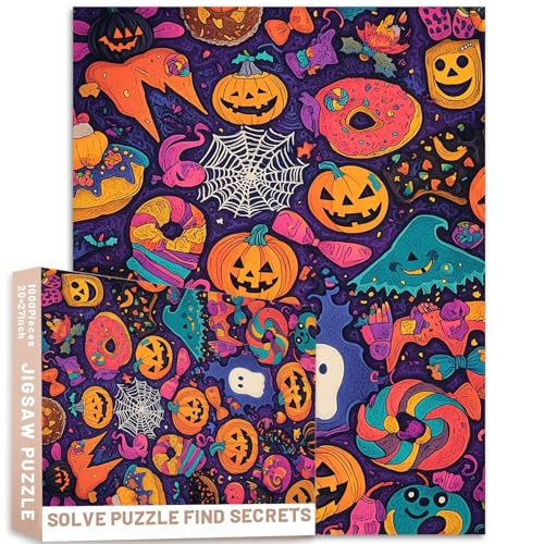 Halloween-Puzzle mit Spinnennetzen, Geistern für Erwachsene, 68,6 x 50,8 cm, dunkelvioletter Stoffhintergrund, bunte DIY-Puzzles für Heimdekoration, Geschenke, Familienpuzzle, perfekt für Spieleabende von Generic