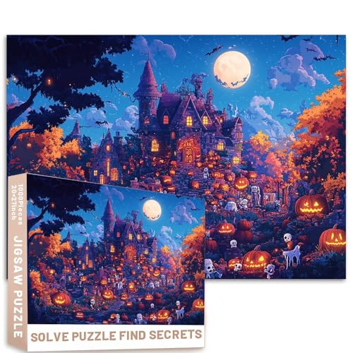 Halloween-Puzzle mit Vollmond-Friedhof, Skelett, Tiere, Hexenhüte, 68,6 x 50,8 cm, ultra-realistische Fotografie, anspruchsvolle Familienaktivitäten, buntes Bastelpuzzle für Heimdekoration, Geschenke von Generic