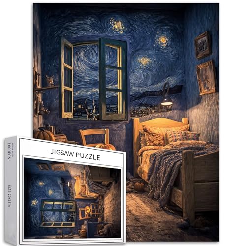 Halloween Schlafzimmer Puzzle 1000 Teile für Erwachsene Van Gogh Sternennacht Hintergrund Kunst Puzzle herausfordernde Familienaktivitätsspiele Buntes DIY Handwerk Puzzle für Heimdekoration Geschenke von Generic
