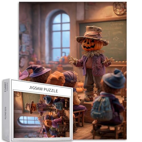 Halloween Schule Klassenzimmer Puzzle 1000 Teile Puzzle für Erwachsene Vogelscheuche Lehrer Kunst Puzzle Bunte DIY Puzzles für Heimdekoration, Geschenke, Familienpuzzle, perfekt für Spielabende, 50 × von Generic