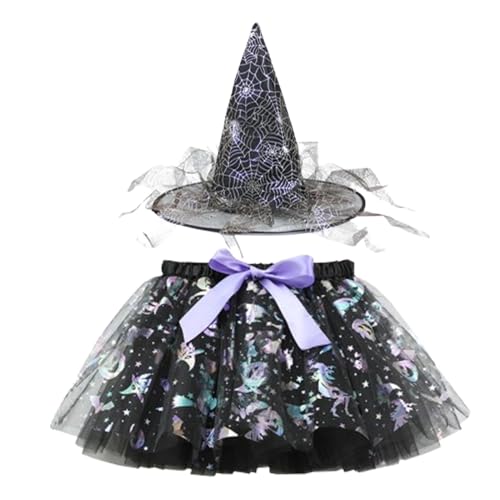 Halloween Tutu Rock Halloween Tutu für Kinder | Halloween Tutu Kleid Weiches Netzgarn mit Fliege, Multifunktionales Halloween Kleid mit Hexenhut, Bequemer Tutu Rock für von Generic