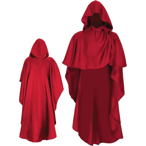 Halloween Umhang Herren, Rot Kapuzenumhang Kostüm,Zaubererrobe Cape Mantel Umhangjacke Gothic Cosplay Uniform Ritter Gewand Mittelalter Pagan Outfit für Erwachsene Halloweenparty von Generic