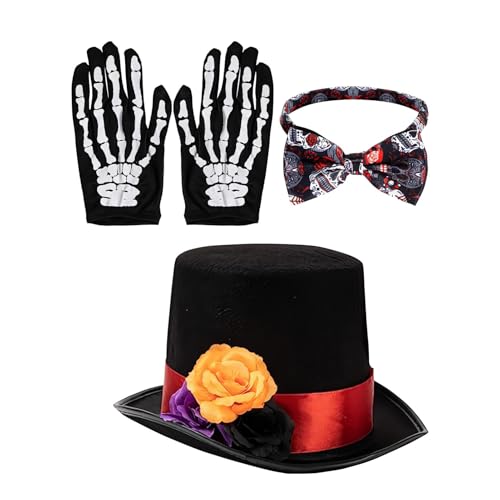 Halloween-Zubehör-Set für Herren, Skelett-Kostüm für Herren, 3-teiliges Halloween-Kostüm, Cosplay-Party, Halloween-Hüte mit Rosen-Design für Männer, Kostüm von Generic