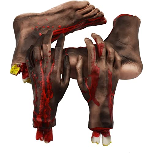 Halloween abgetrennte Hände und Füße Set 4PCS Realistisches gruseliges Spielzeug blutige Hände und Füße gefälschte Börsenkörperteile Halloween Requisiten Dekorationen von Generic