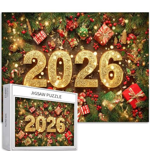 Happy 2026 Neujahrsposter 1000 Teile Puzzle für Erwachsene, Weihnachtsdekoration, Kunst-Puzzle, bunte DIY-Puzzles für Heimdekoration, Geschenke, Familienpuzzle, perfekt für Spieleabende, 70 × 50 cm von Generic