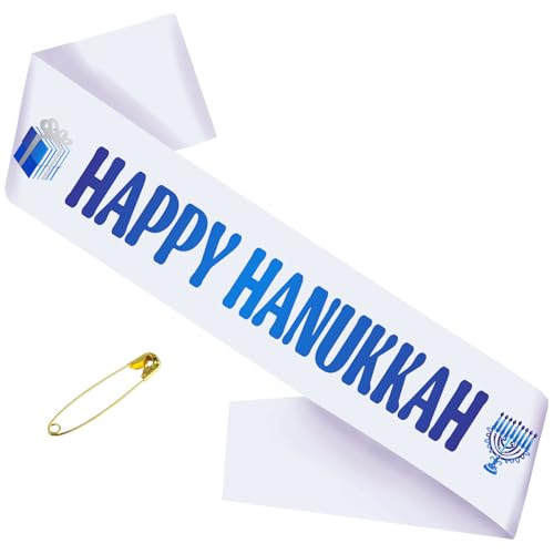 Happy Chanukkah Party Schärpe - Weißer Satin mit blauer Menora & Schriftzug - Festival of Lights Celebration Zubehör für Frauen & Männer, fröhliche jüdische Feiertagsdekoration Happy Chanukkah Party Schärpe - Weißer Satin mit blauer Menora & Schriftzug - Festival of Lights Celebration Zubehör für Frauen & Männer, fröhliche jüdische Feiertagsdekoration von Generic