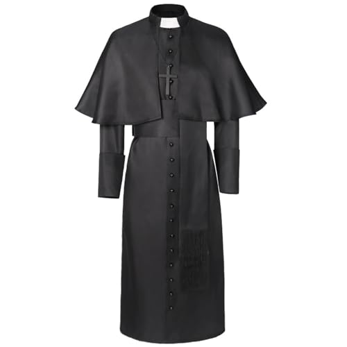 Herren Geistliche Jacke mit Halskette, Gothic Pfarrer Mantel Herren Midi, Schwarz Mittelalter Trenchcoat mit Knöpft Retro Viktorianische Hof Gehrock Trendy Steampunk Uniform Cosplay Halloween Kostüm Herren Geistliche Jacke mit Halskette, Gothic Pfarrer Mantel Herren Midi, Schwarz Mittelalter Trenchcoat mit Knöpft Retro Viktorianische Hof Gehrock Trendy Steampunk Uniform Cosplay Halloween Kostüm von Generic